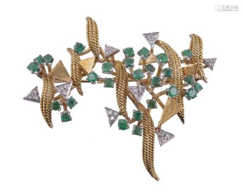 An emerald and diamond abstract brooch