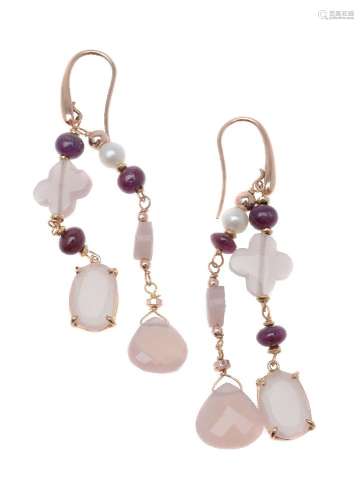 A pair of rose quartz, ruby and cultured pearl earrings