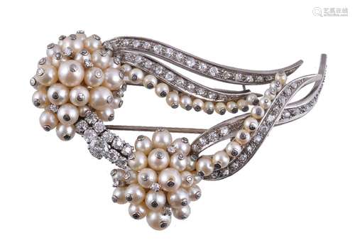 A cultured pearl and diamond brooch