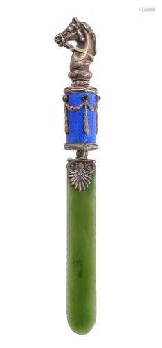 A Continental silver coloured gilt, enamel and nephrite paper knife