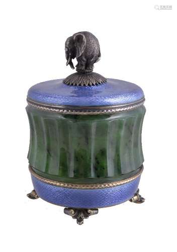 A Continental silver coloured gilt, enamel and nephrite box