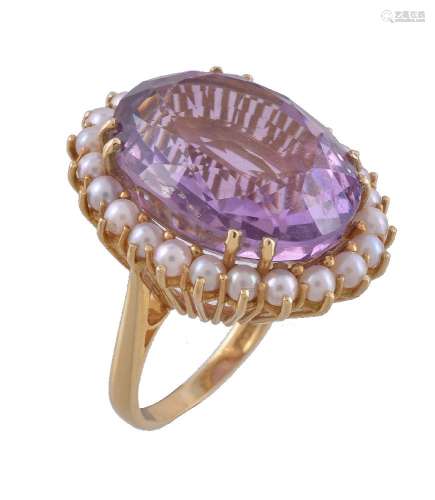 An amethyst and cultured pearl cluster dress ring