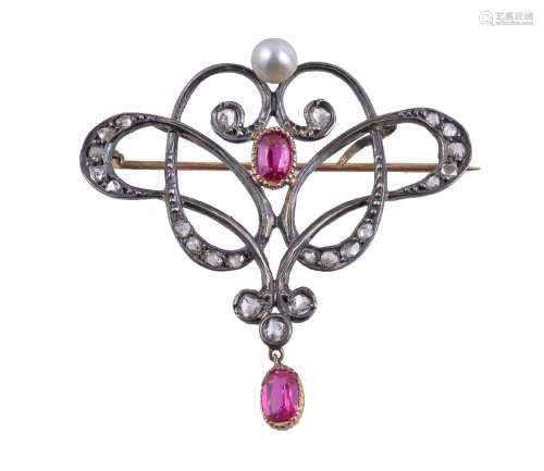 A synthetic ruby, diamond and pearl brooch