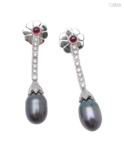 A pair of diamond, ruby and cultured pearl earrings