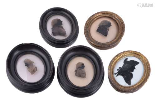 Attributed to Hinton Gibbs, four portrait silhouettes reverse painted on glass