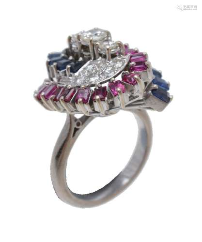 A 1960s diamond, sapphire and ruby dress ring
