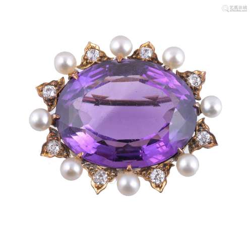 A late Victorian amethyst, diamond and pearl brooch