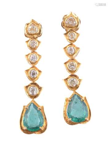 A pair of emerald and diamond earpendants