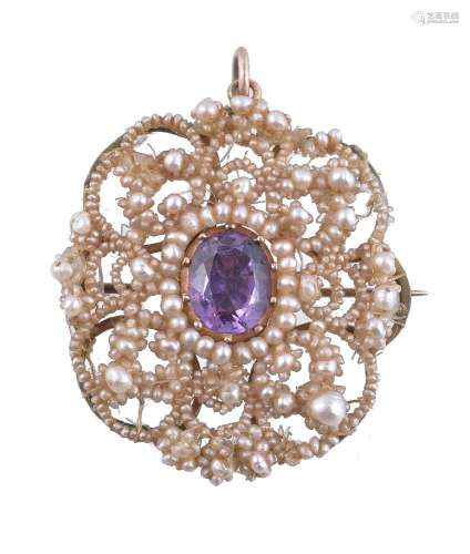 ϒ An early Victorian amethyst and seed pearl brooch/pendant