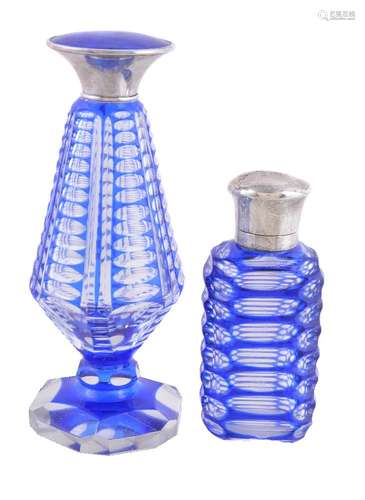 Two blue flash glass scent bottles