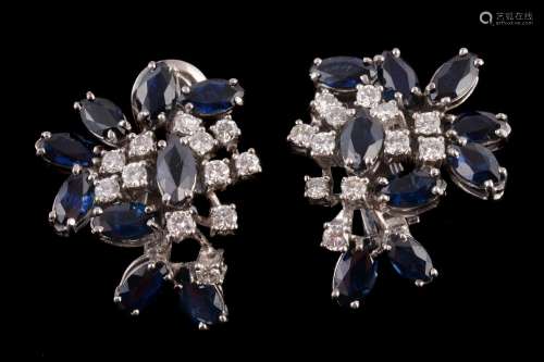 A pair of sapphire and diamond cluster ear clips