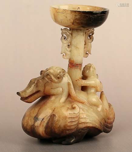 202BC-220AD, A IMMOTAL&PHOENIX HETIAN JADE LAMP, HAN DYNASTY