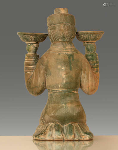 220-589 AD, A BLUE PORCELAIN KNEEL DOWN& HANDS RAISE FIGURINES LAMP , WEI AND JIN DYNASTIES