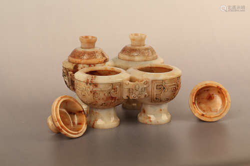 206 BC-220 AD, FOUR SQURE&ROUND COVERED WHITE JADE JARS, HAN DYNASTY