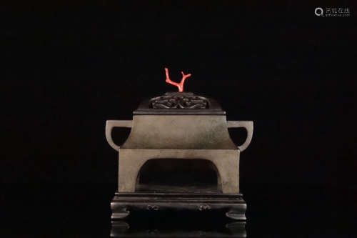 17-19TH CENTURY, A BRONZE DOUBLE-EAR SQUARE CENSER, QING DYNASTY