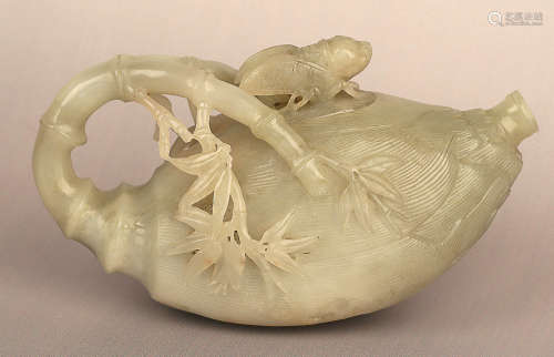 7-9TH CENTURY, A BAMBOO PATTERN WHITE&GREEN JADE TEAPOT, TANG DYNASTY