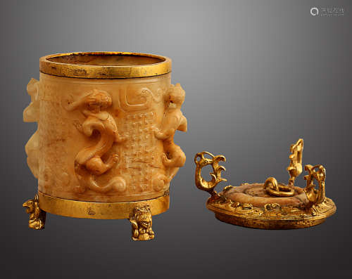 206 BC-220 AD, A DRAGON&PHOENIX COVERED CUP, HAN DYNASTY