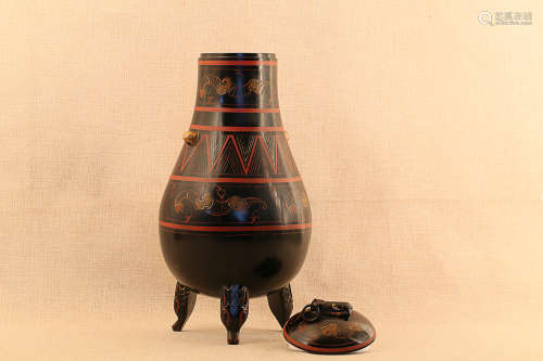 206 BC-220 AD, A COLOUR PAINTING&DRAGON PATTERN COVERD TRIPOD VASE, HAN DYNASTY