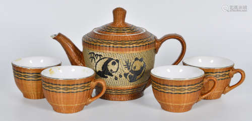 50年代 竹编茶具一套五件（带盒）