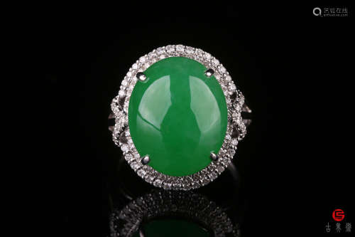缅甸天然A货老坑冰种水润满绿饱满翡翠蛋面镶18K金钻石戒指（18K，附证书）