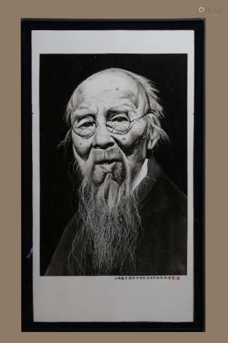 近代.陶瓷美术大师刘海和绘“齐白石”人物瓷板（裱框，带锦盒）