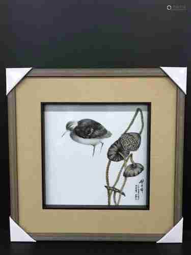 近代.陶瓷美术大师鲁强绘荷花小鸟瓷板一幅（带裱框）