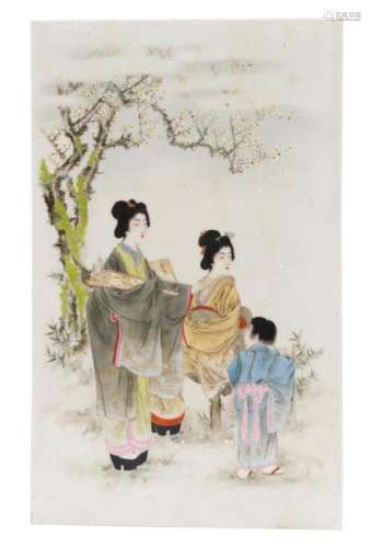 JAPANESE PORCELAIN TILE, GEISHAS & CHILD