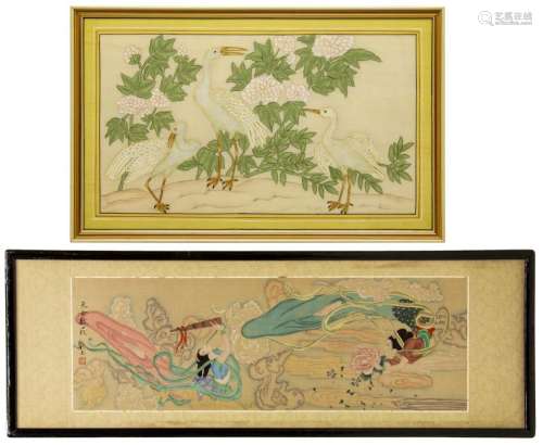 (2) FRAMED CHINESE SILK PAINTINGS, WOMEN & EGRETS