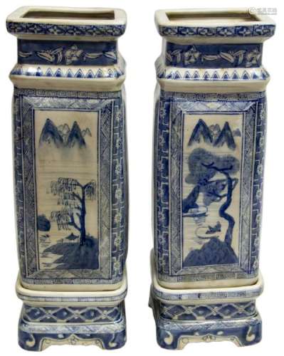 (2) CHINESE BLUE & WHITE PORCELAIN SQUARE VASES