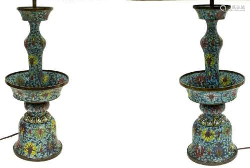 (2) CHINESE CLOISONNE ENAMEL CANDLESTICK LAMPS
