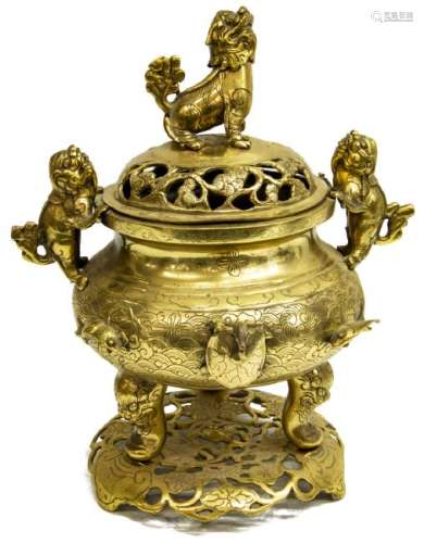 CHINESE GILT METAL FOO LION INCENSE BURNER CENSER