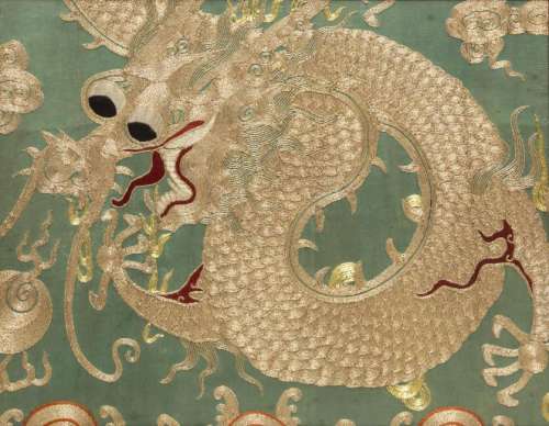 FRAMED CHINESE DRAGON COUCHED EMBROIDERY ON SILK