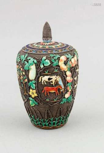 A Chinese vase and lid around 1900, marked silver,