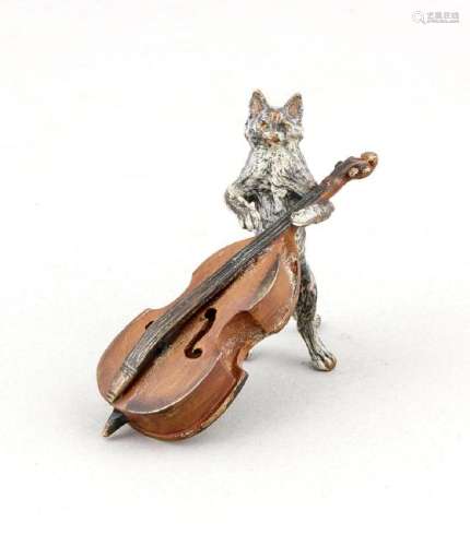 Wiener Bronze, 1. H. 20. Jh., Katze am Cello, polychrom