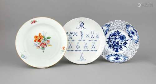 Three plates, Meissen, 1850-86, first quality, one with