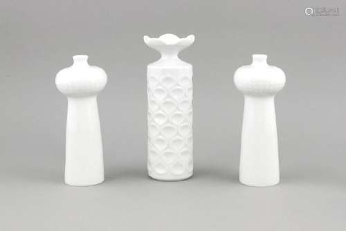 Three vases, Meissen, 1970s, 2nd quality, white, 2 x