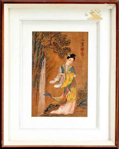 A Chinese tempera and ink painting on silk, 20th c.,