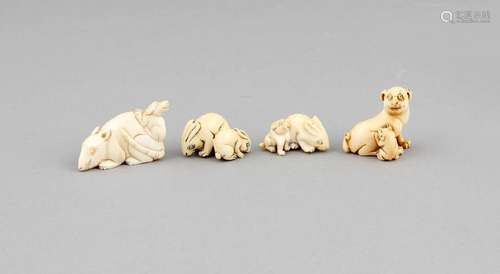 4 Netsuke, Japan, 1. H. 20. Jh., Elfenbein, geschwä