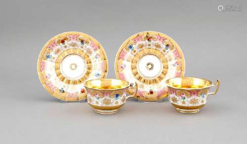 Two cups with saucer, KPM Berlin, marks 1844-47, worn,