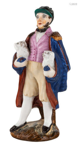 A RUSSIAN PORCELAIN FIGURE OF AN ENGLISHMAN WITH TWO DOGS, PRIVATE PORCELAIN FACTORY, 19TH CENTURY