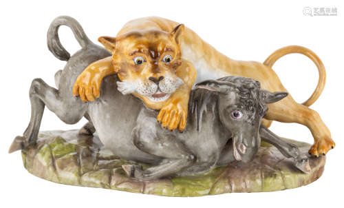 A RUSSIAN PORCELAIN GROUP OF A MOUNTAIN LION ATTACKING A DONKEY, EARLY 19TH CENTURY