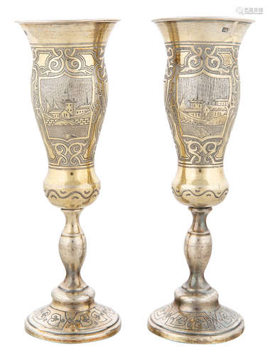 A PAIR OF RUSSIAN SILVER CHAMPAGNE FLUTES, WORKMASTER MIKHAIL DIMITRIEV, MOSCOW, 1864