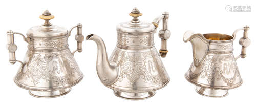 A RUSSIAN GILT SILVER PAN-SLAVIC THREE-PIECE COFFEE SERVICE, WORKMASTER PEKKA SILVENTOINEN, 1894