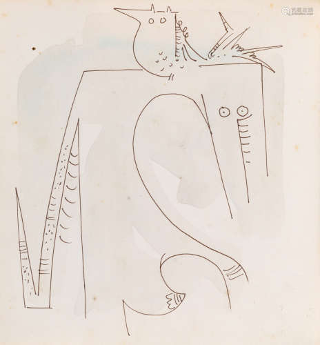 AN ORIGINAL INK AND WATERCOLOR DRAWING BY WILFREDO LAM IN AUTOGRAPH COPY OF CATALOGUE RAISONNE