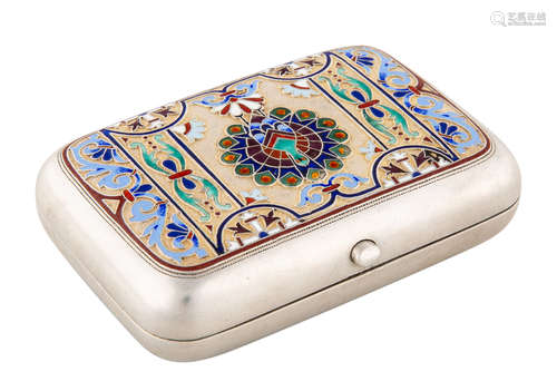 A RUSSIAN CHAMPLEVE ENAMEL SILVER CIGARETTE CASE, WORKMASTER GRIGORY ANDREEV, ST. PETERSBURG C 1865