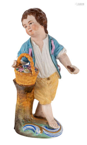 A RUSSIAN PORCELAIN FIGURE OF A BOY WITH A FLOWER BASKET, POPOV PORCELAIN FACTORY, 19TH CENTURY