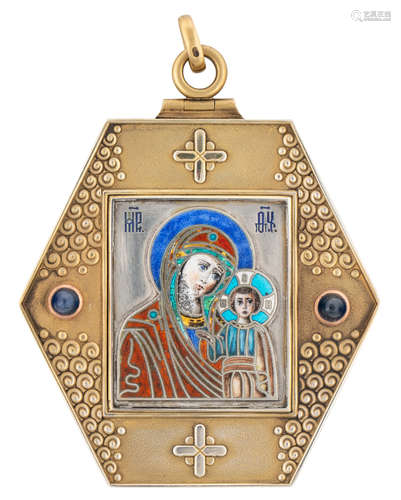 A FABERGE GILT SILVER AND ENAMEL MINIATURE ICON OF THE MOTHER OF GOD, MOSCOW, 1908-1917