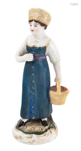 A RUSSIAN PORCELAIN FIGURE OF A PEASANT GIRL WITH A BASKET OF BERRIES, GARDNER PORCELAIN FACTORY