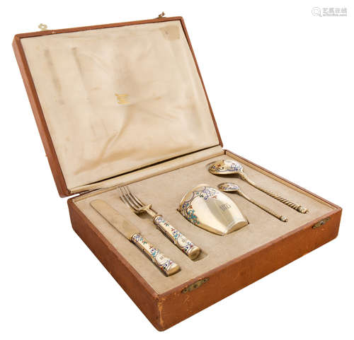 A RUSSIAN SILVER AND CHAMPLEVE ENAMEL PRESENTATION SET, MOSCOW, 1874