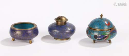 Cloisonne enamel salt and pepper pot, the dark blue grounds with gilt scroll decoration, together